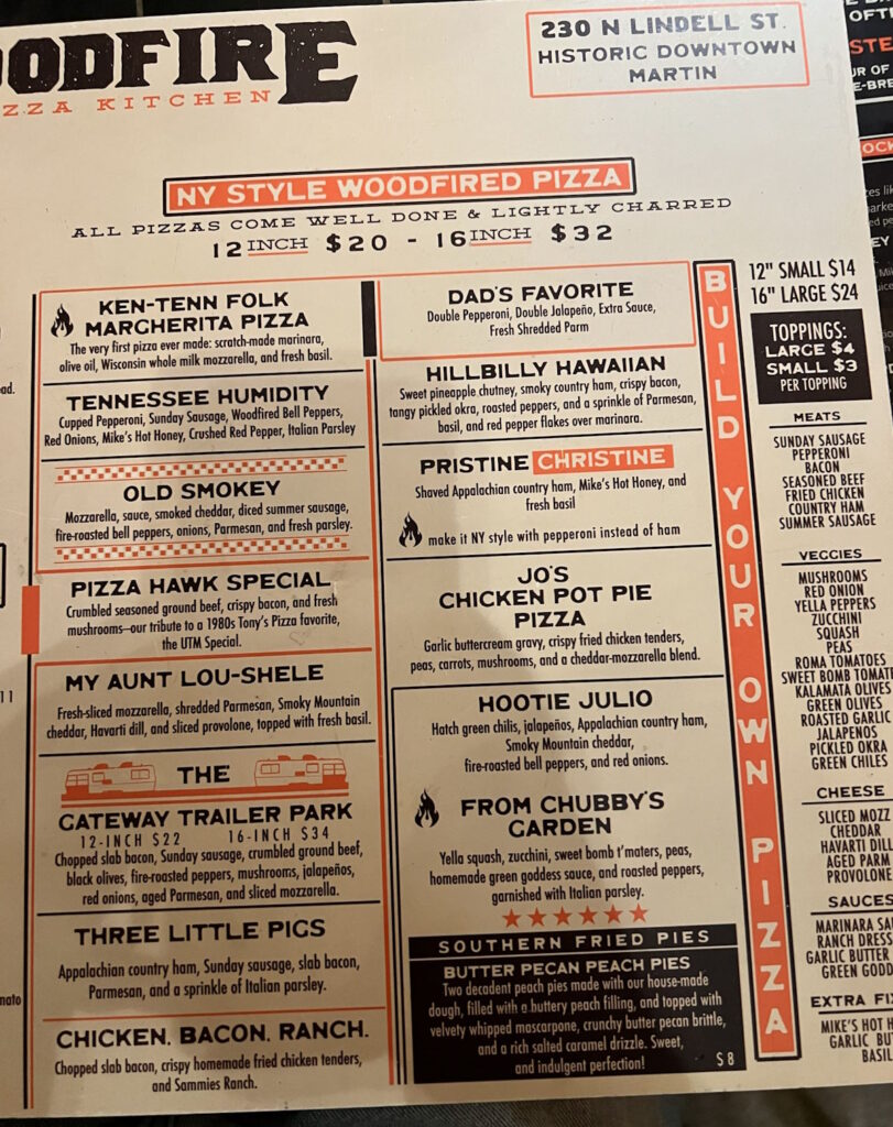 Menu for the Woodfire Pizza Kitchen (pizza portion)